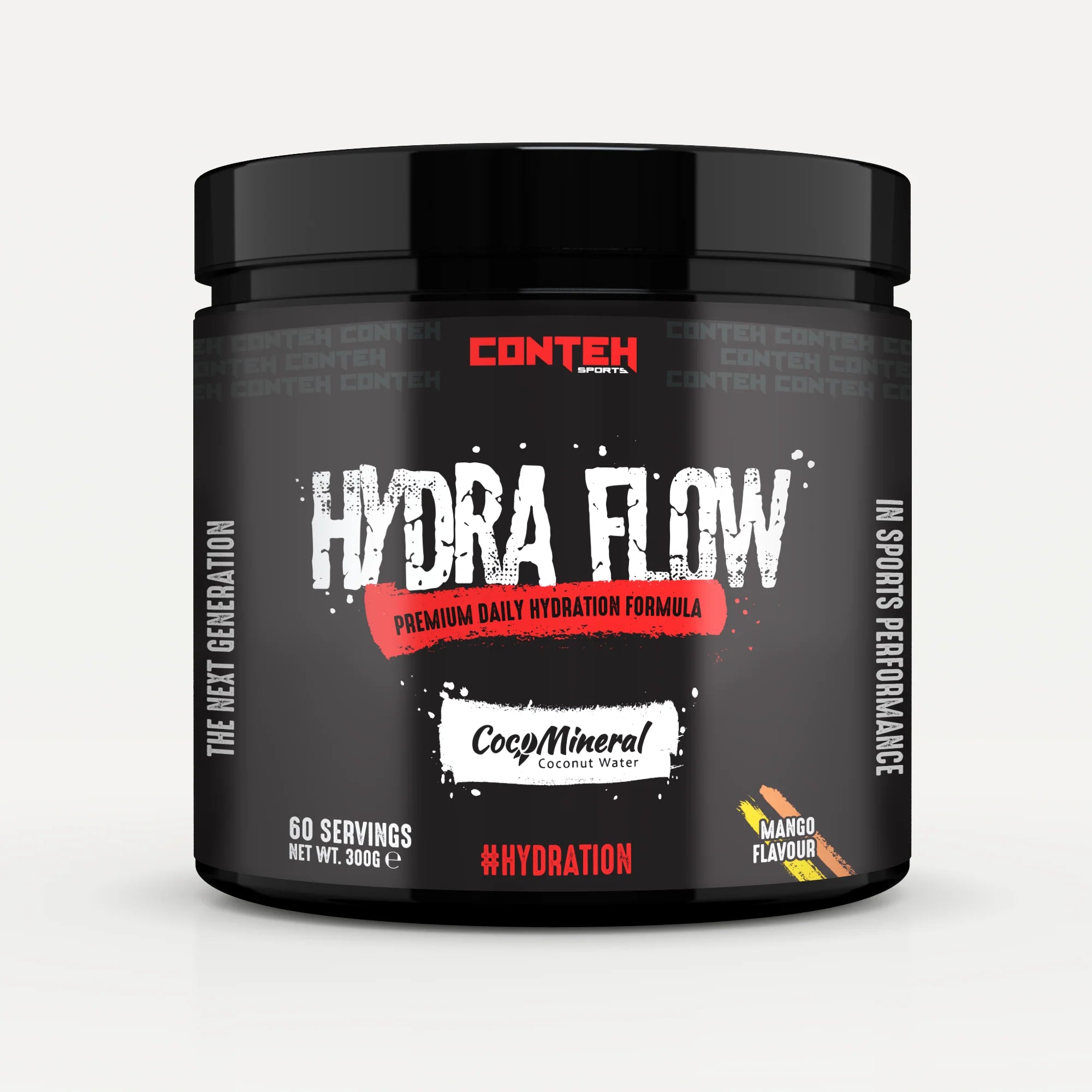 Black container of Conteh Hydra Flow hydration formula on a white background