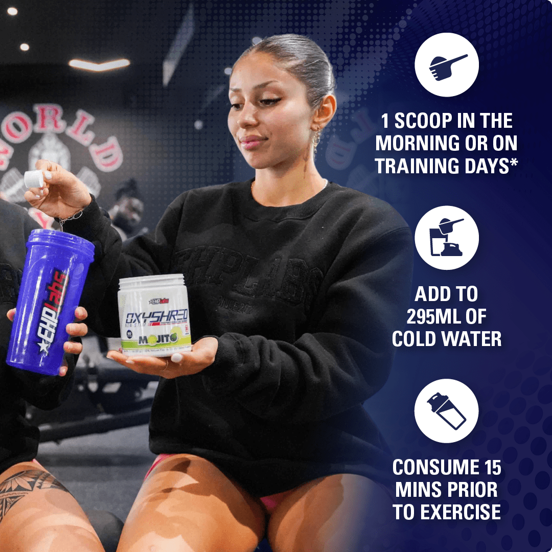 Woman holding a protein supplement container and a shaker bottle with text on a dark background