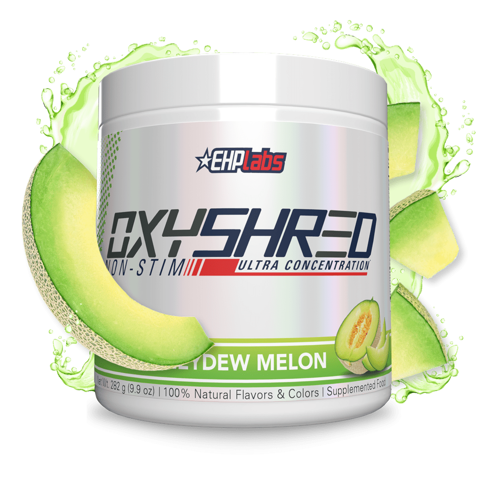 Supplement container labeled 'OxyShred' with green melon slices on a white background
