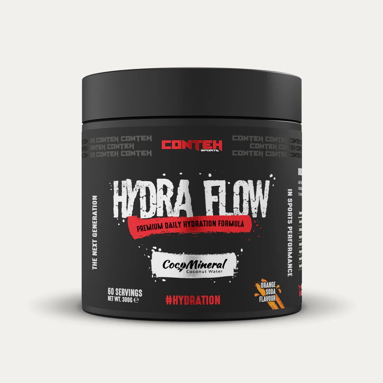 Black container of Conteh Hydra Flow supplement on a light gray background