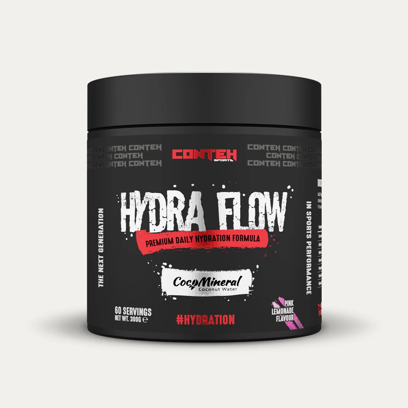 Container of Conteh Sports Hydra Flow supplement on a light gray background