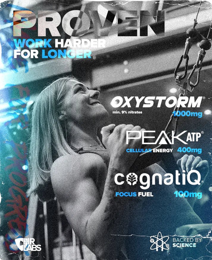 Person lifting weights with supplement brand names overlaid on a dynamic background