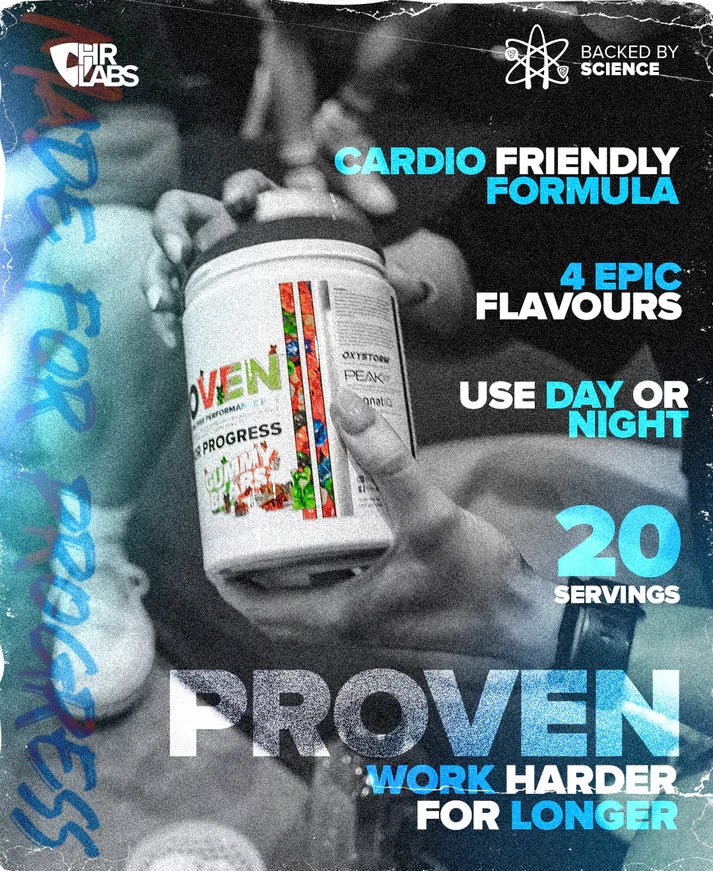 Promotional image of a protein supplement container with text about flavors, servings, and brand messaging.