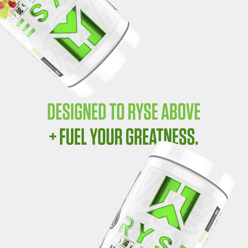 Two cans of RYSE with green text on a white background