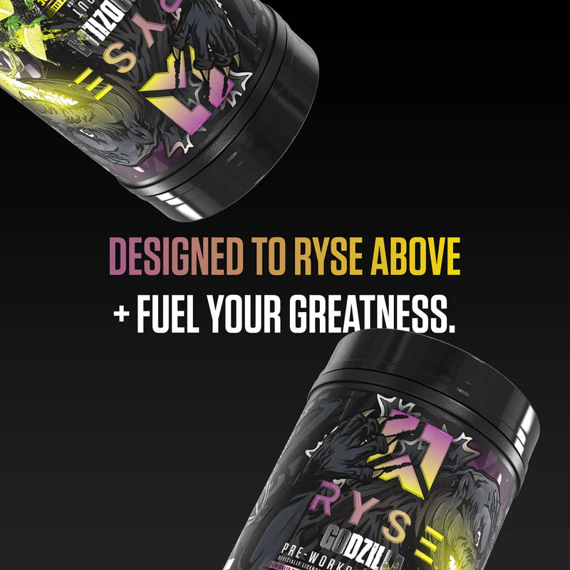 Two tumbler designs with 'Godzilla' branding on a black background, featuring text about fueling greatness.