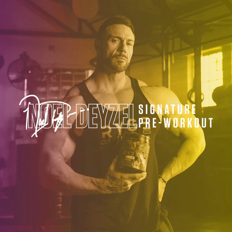Muscular man holding a supplement container in a gym setting with 'Noel Deyzel Signature Pre-Workout' text.
