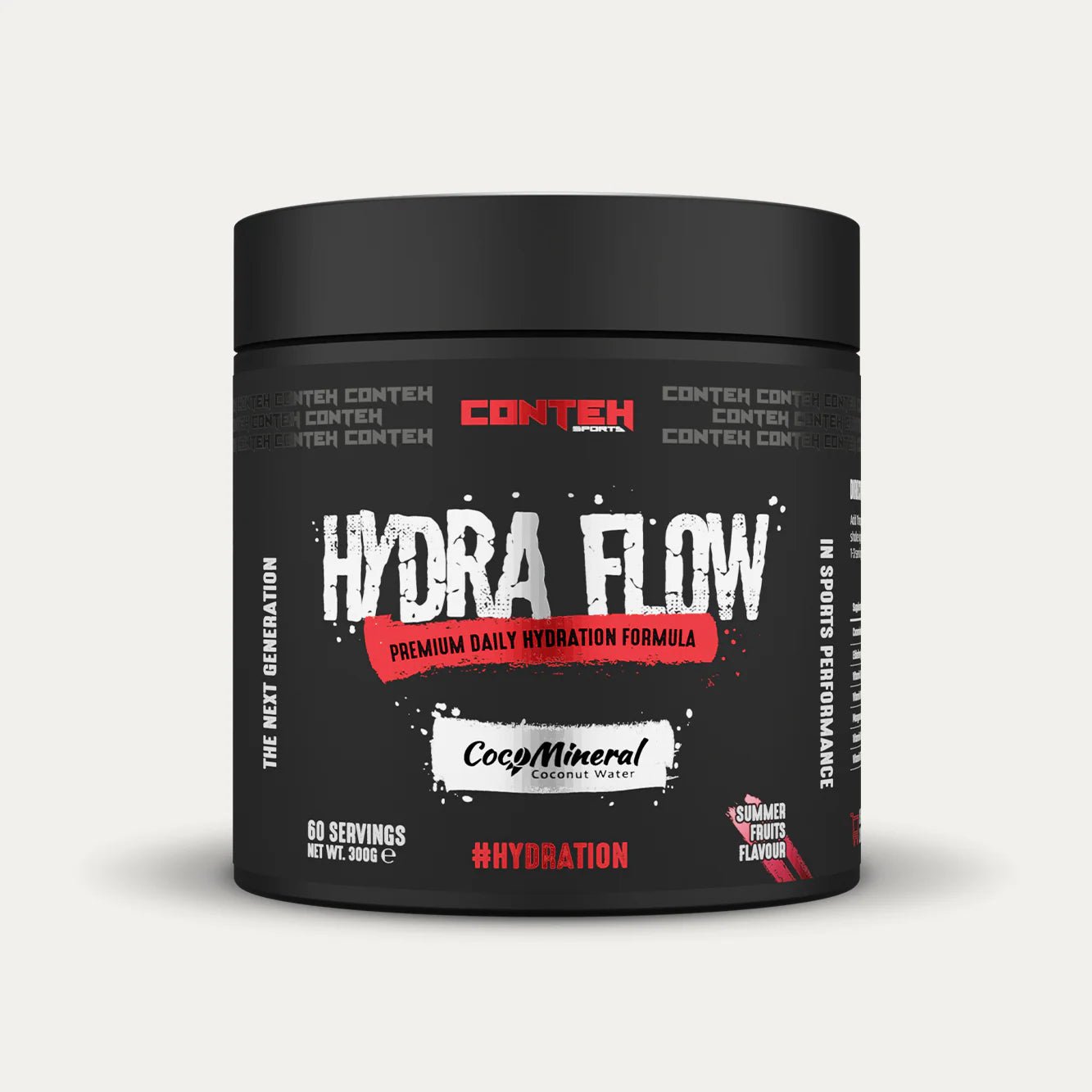 Container of Conteh Hydra Flow supplement on a light gray background