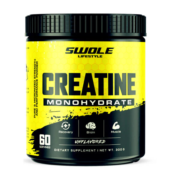Supplement container labeled 'Creatine Monohydrate' by Swole Lifestyle on a white background.