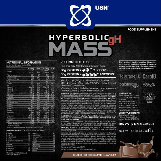 USN Hyperbolic gH Mass supplement packaging with nutritional information and branding.