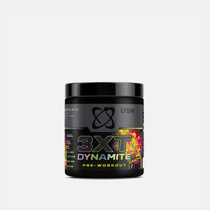 Black container of USN 3XT Dynamite pre-workout supplement on a white background