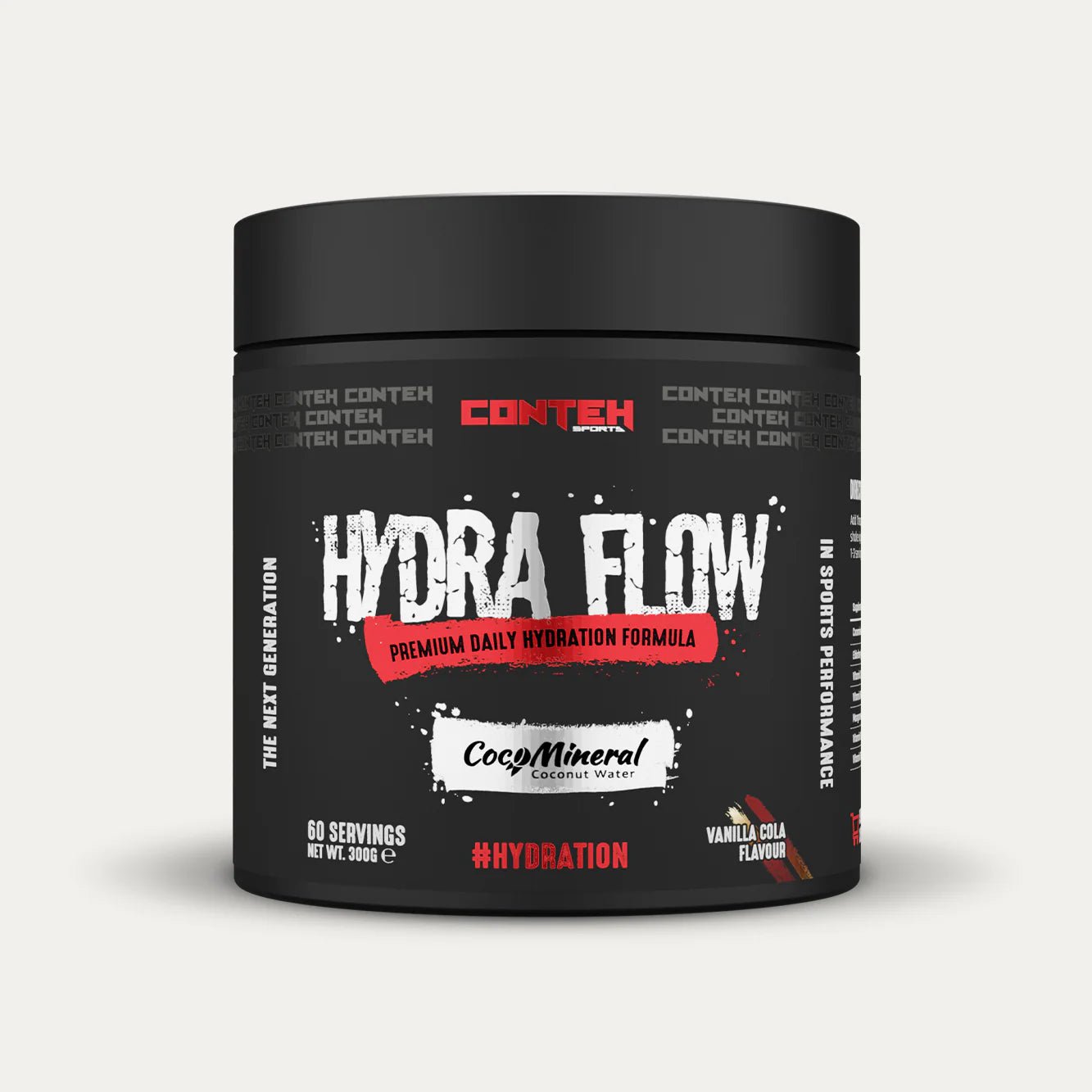 Black container of Conteh Sports Hydra Flow supplement on a light gray background
