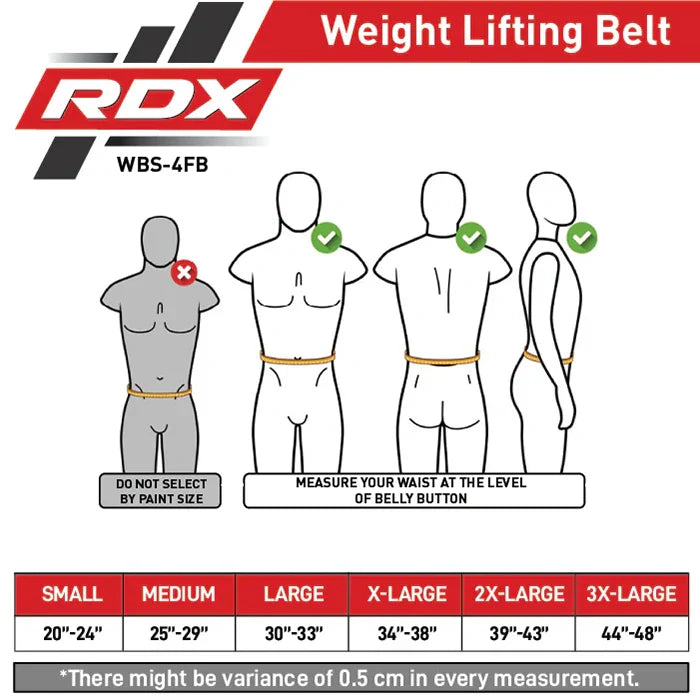 RDX weight lifting belt size chart with correct and incorrect usage examples.