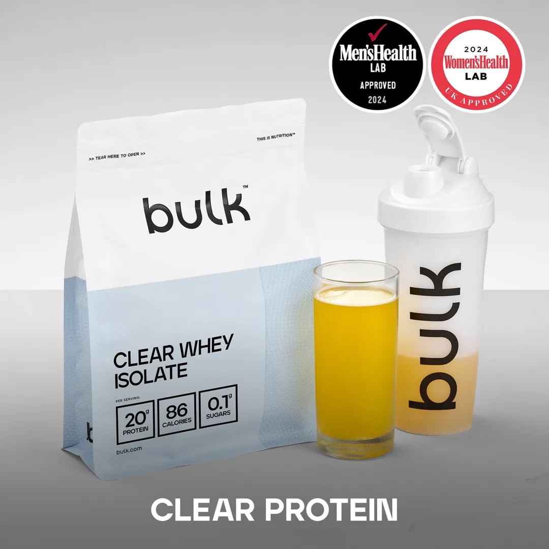 Bulk Clear Whey Isolate package with a shaker and glass of protein on a gray background