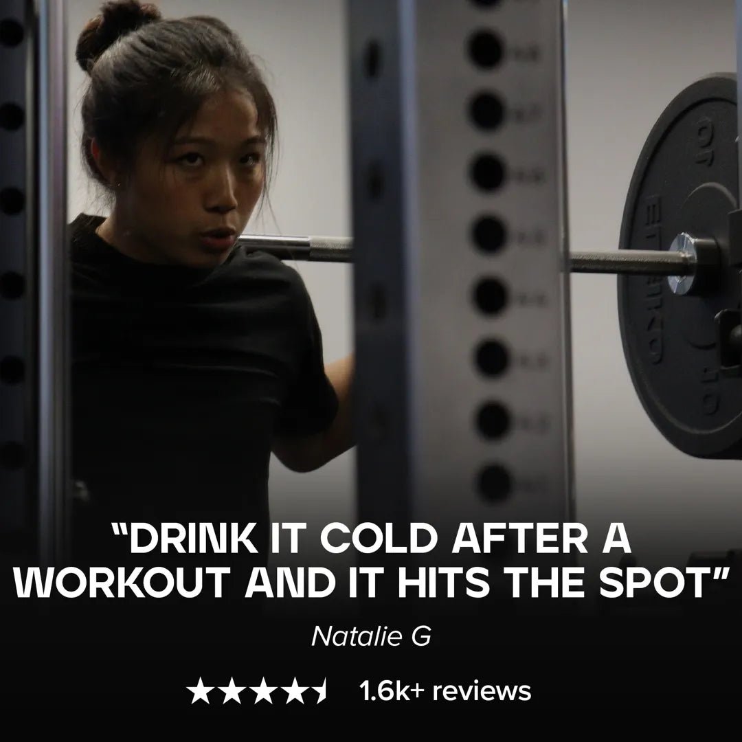 Woman lifting weights with a motivational quote and rating on a black background