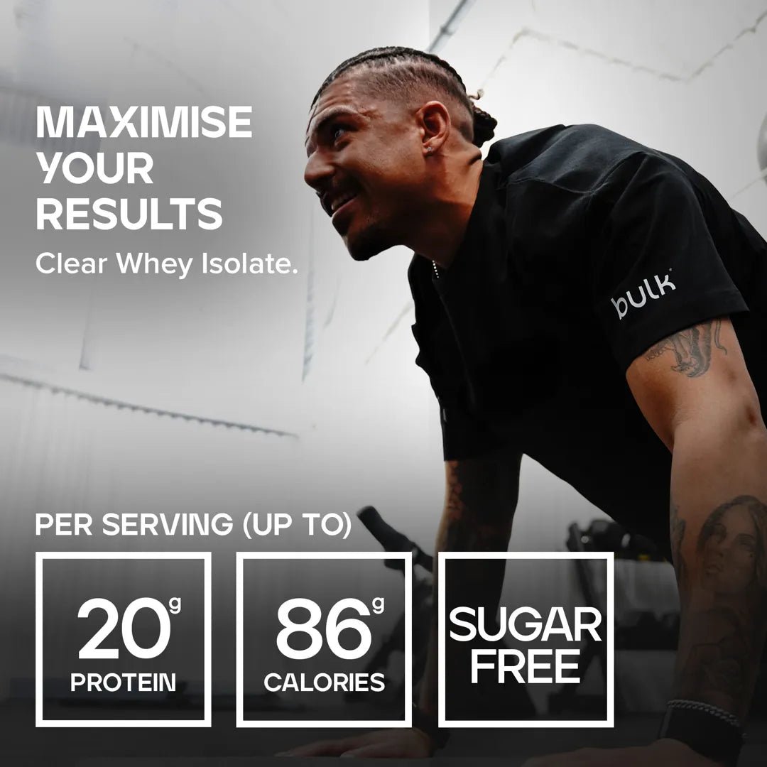 Advertisement for Bulk Clear Whey Isolate with a man in a gym setting.