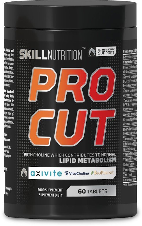 Black supplement container labeled 'Pro Cut' by Skill Nutrition on a white background