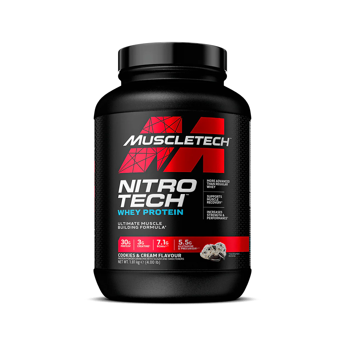 Muscletech Nitro Tech whey protein container on a white background