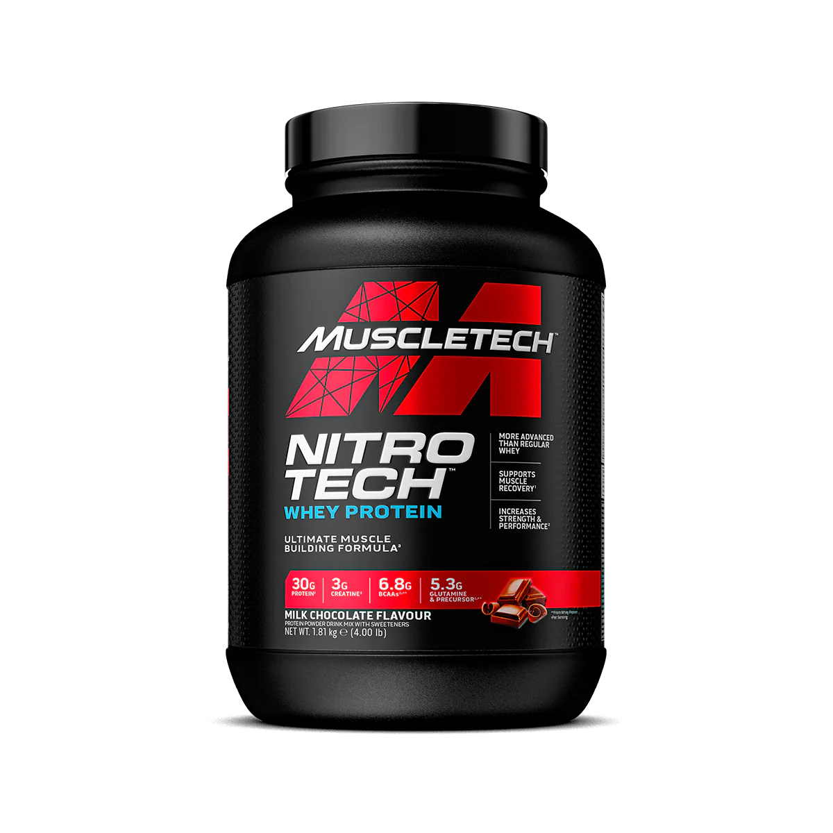 Muscletech Nitro Tech whey protein container on a white background