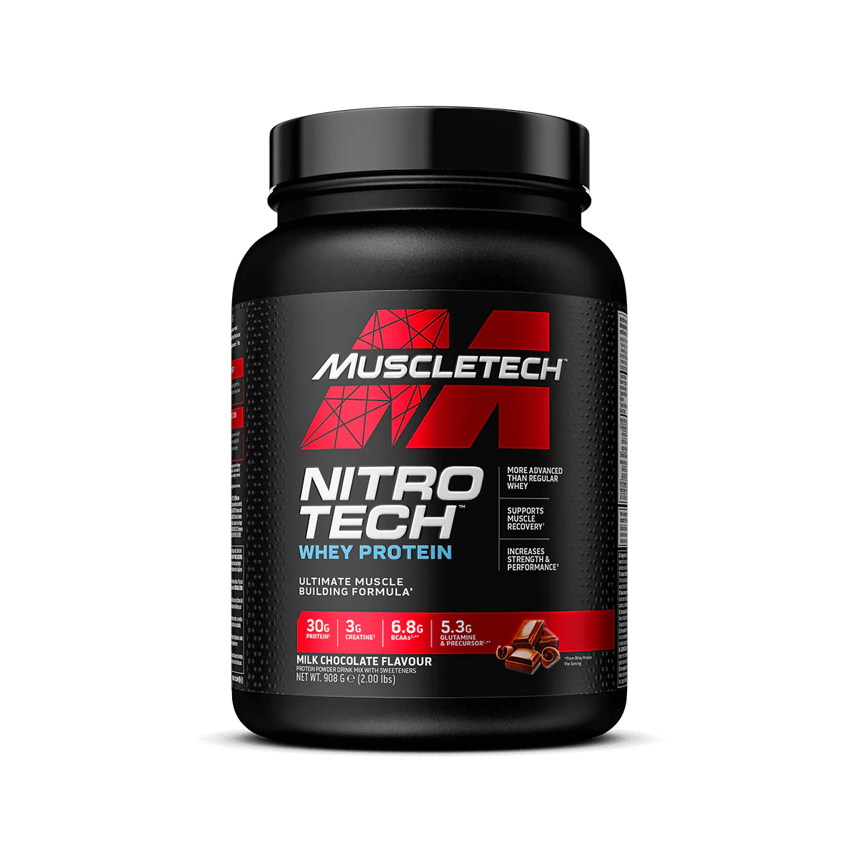 Muscletech Nitro Tech whey protein container on a white background