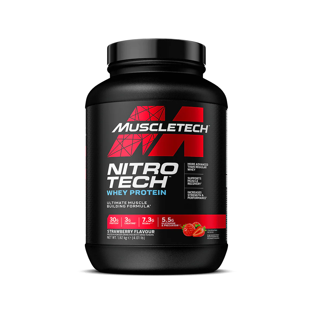 Muscletech Nitro Tech whey protein container on a white background