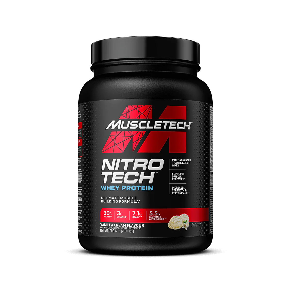 Muscletech Nitro Tech Whey Protein container on a white background