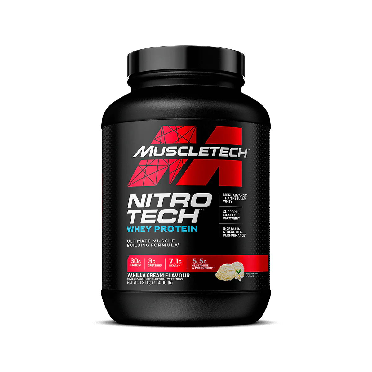 Muscletech Nitro Tech whey protein container on a white background