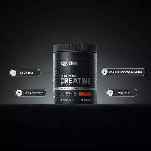 Optimum Nutrition Platinum Creatine Plus supplement container on a dark background
