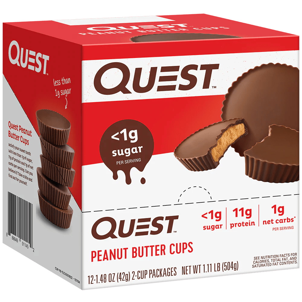 Box of Quest Peanut Butter Cups with red and white design