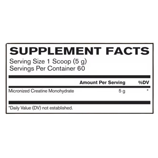 Supplement facts label for Micronized Creatine Monohydrate on a white background