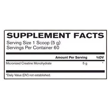 Supplement facts label for Micronized Creatine Monohydrate on a white background