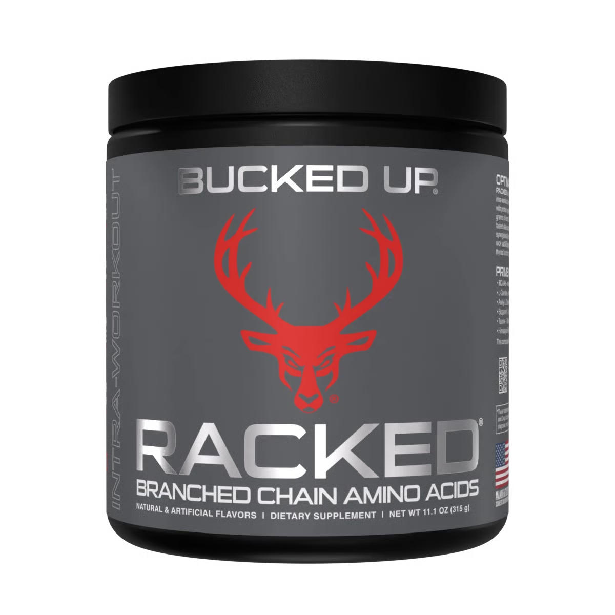 Supplement container labeled 'Bucked Up Racked' with a red deer logo on a black background