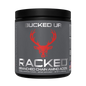 Supplement container labeled 'Bucked Up Racked' with a red deer logo on a black background